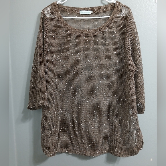 LULU-B Brown Sequin Mesh Top - Picture 1 of 9